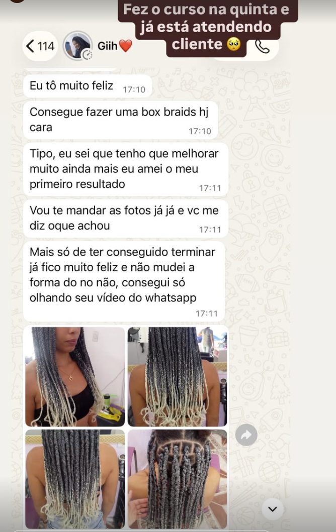 Mensagem de aluna que fez o curso e já está atendendo